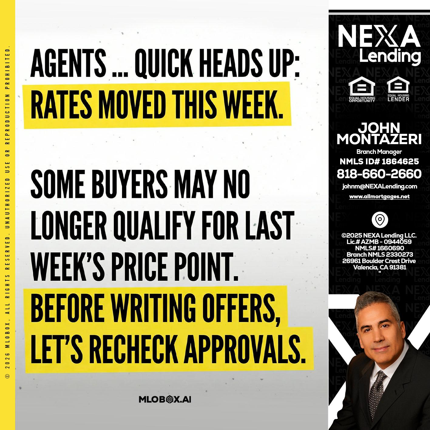 agents quick heads up - John Montazeri -Branch Manager - Property Lending Specialist