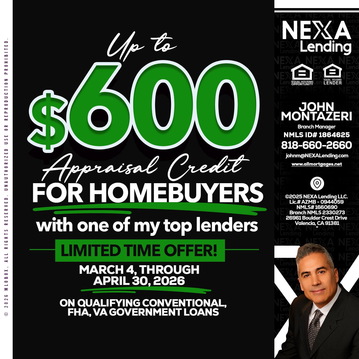 up to $600 - John Montazeri -Branch Manager - Property Lending Specialist