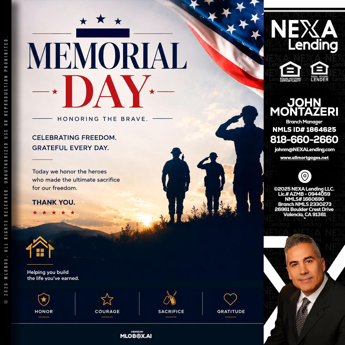 MEMORIAL DAY - John Montazeri -Branch Manager - Property Lending Specialist
