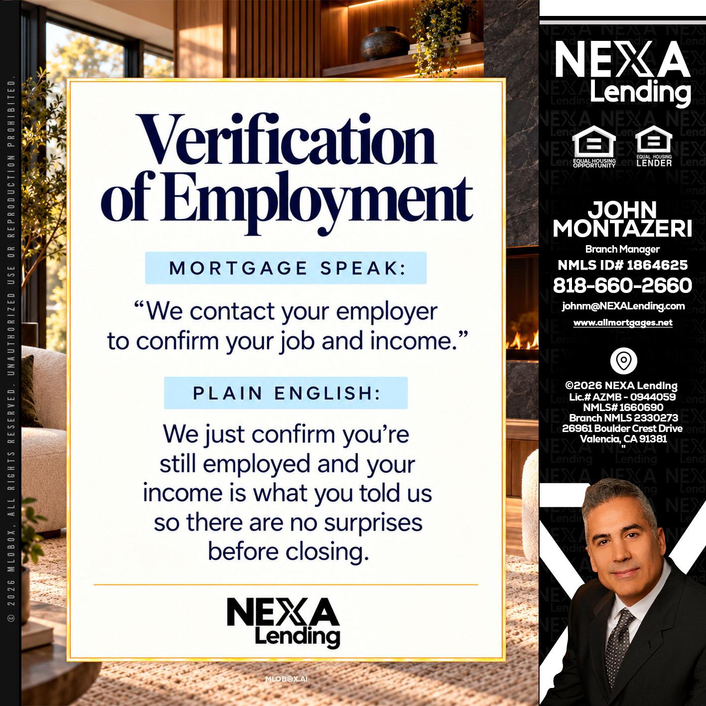 VERIFICATION OF EMPLOYMENT - John Montazeri -Branch Manager - Property Lending Specialist